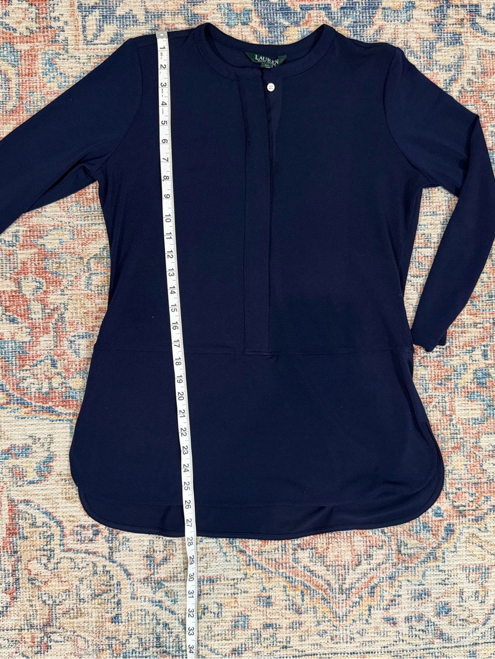 Lauren Ralph Lauren Navy Tunic Top PM Petite Medium Split Neck Long Sleeve Fall - Picture 8 of 12